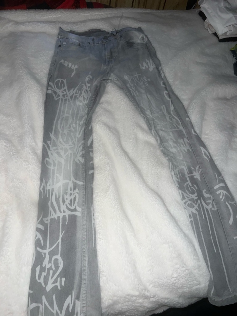 Gray Graffiti-Print Wide Leg Jeans